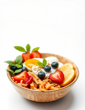 Healthy breakfast with oatmeal, berries and fruits in wooden bowl.の写真素材