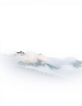 Mountains in the clouds. White background.の写真素材