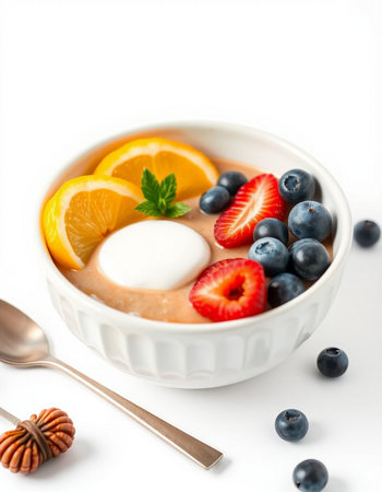 yogurt with fresh berries on white backgroundの写真素材