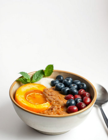 Healthy breakfast bowl with oatmeal, berries, peach and mintの写真素材