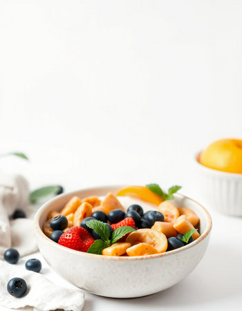 Healthy breakfast bowl with oatmeal, berries and fruits on white backgroundの写真素材