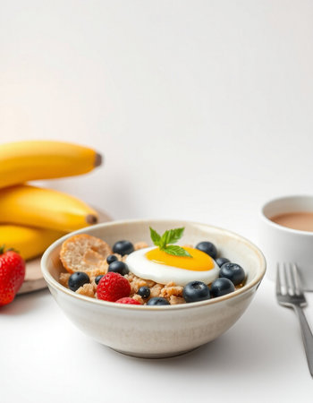 Healthy breakfast with oatmeal, berries and egg on white backgroundの写真素材