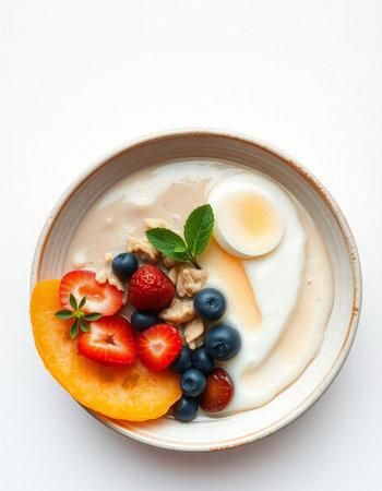 Oat porridge with fresh berries on white background. Healthy breakfast.の写真素材