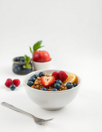 Healthy breakfast with muesli and fresh berries on white backgroundの写真素材