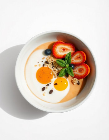 Creamy breakfast with oatmeal, berries and egg on the white backgroundの写真素材