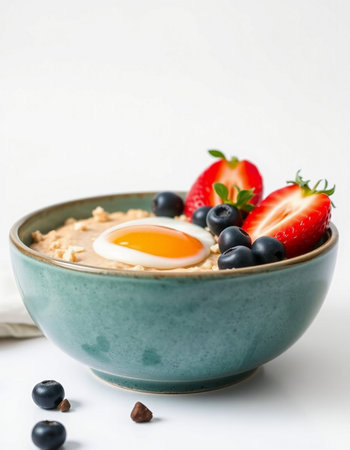 Healthy breakfast bowl with oatmeal, berries and egg yolkの写真素材