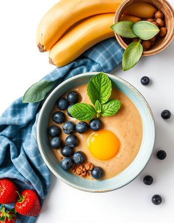 Healthy breakfast bowl with oatmeal, blueberry and walnut.の写真素材