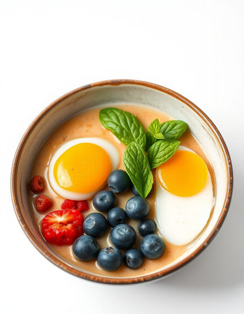 Fried eggs with blueberries, strawberries and mint in a bowlの写真素材