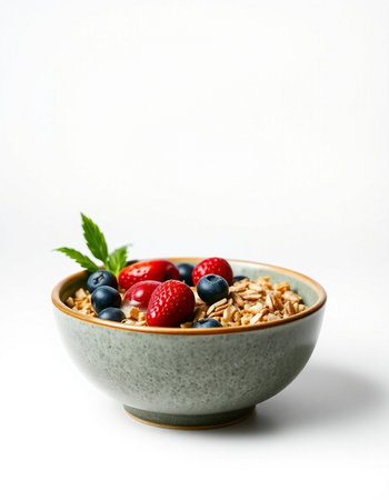 bowl of muesli with fresh berries and mint on white backgroundの写真素材