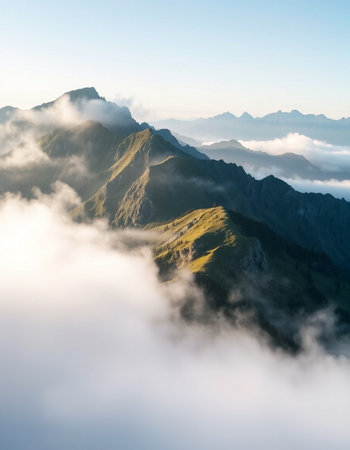 Panoramic view of the mountains and clouds in the morning.の写真素材