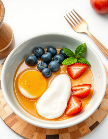Bowl of healthy breakfast with eggs, strawberries and blueberries on white backgroundの写真素材
