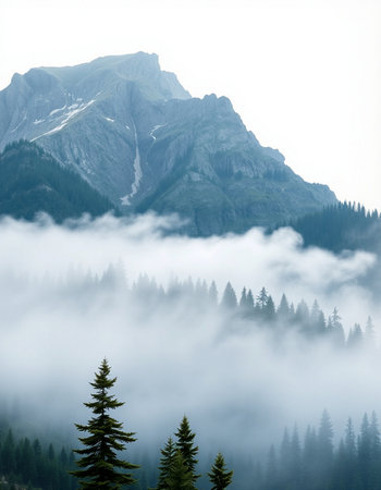 Misty mountain landscape with fir trees and mountains in the background.の写真素材