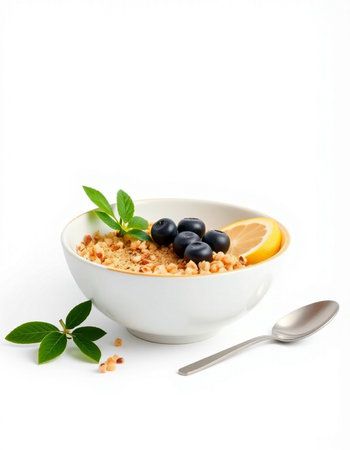 bowl of granola with blueberries and lemon isolated on white backgroundの写真素材