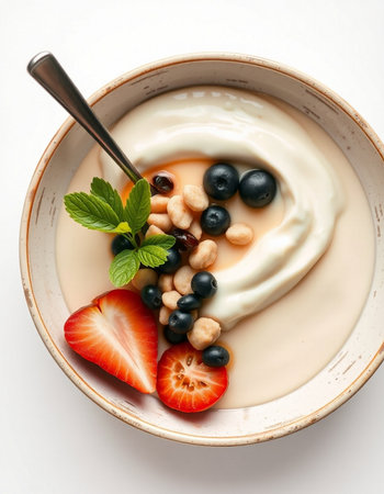 Healthy breakfast with yoghurt, berries and nuts on white backgroundの写真素材