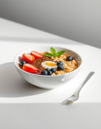 Healthy breakfast bowl with oatmeal, berries and egg on white background.の写真素材