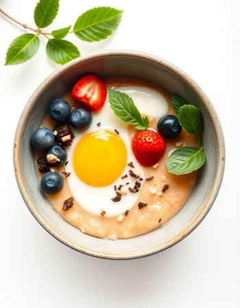 Oatmeal porridge with berries and eggs in bowl on white backgroundの写真素材