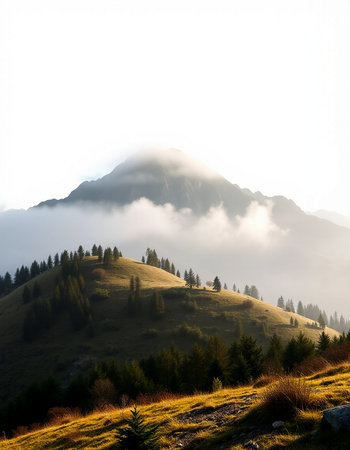 mountain landscape with fog in the morning. Carpathian, Ukraineの写真素材