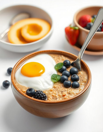 Oatmeal porridge with blueberries and egg in a wooden bowlの写真素材
