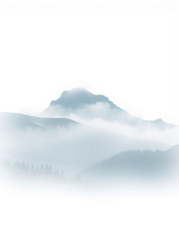 Mountain landscape with fog in the morning. Blue toned.の写真素材
