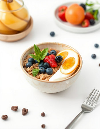 Healthy breakfast with oatmeal, berries and egg on white backgroundの写真素材