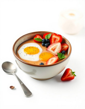 Breakfast with eggs and berries in a bowl on a white backgroundの写真素材