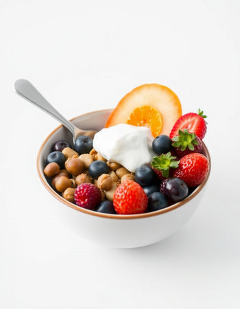 bowl of oatmeal with fruits and yoghurt on white backgroundの写真素材