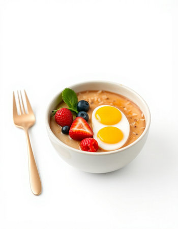 Breakfast with egg, strawberry and blueberry in a bowl on white backgroundの写真素材