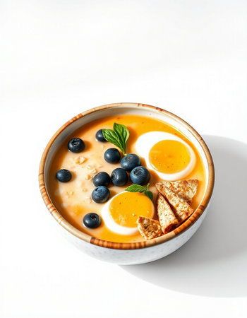 Creamy soup with blueberries and eggs in bowl on white backgroundの写真素材