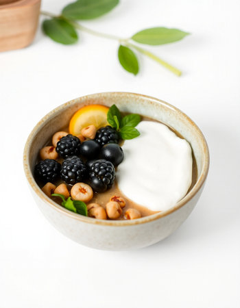 Healthy breakfast bowl with yogurt, berries and honey on white backgroundの写真素材