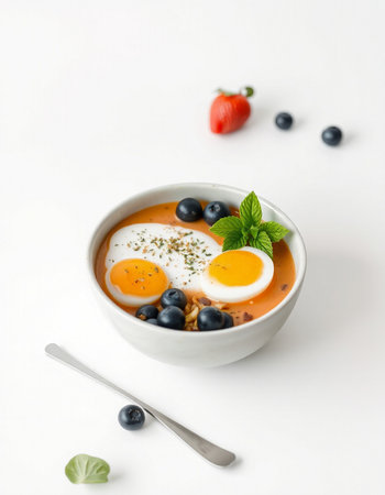 homemade soup with fresh berries and fried eggs on white backgroundの写真素材