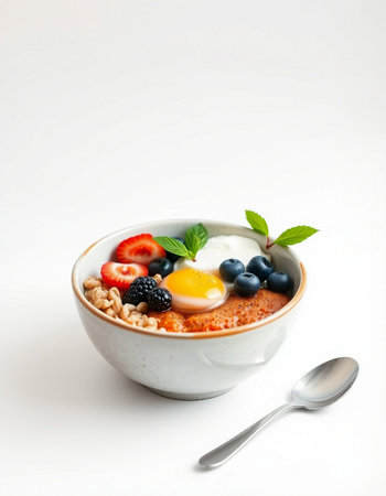 Healthy breakfast bowl with oatmeal, berries and eggs on white backgroundの写真素材