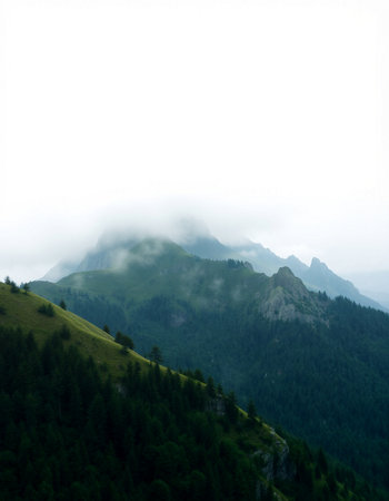 Mountain landscape with fog in the italian dolomitesの写真素材