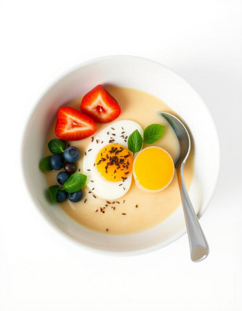 Healthy breakfast bowl with berries and egg on white backgroundの写真素材