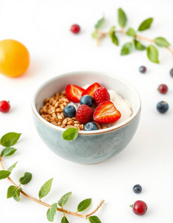 Healthy breakfast with yogurt, berries and granola on white backgroundの写真素材