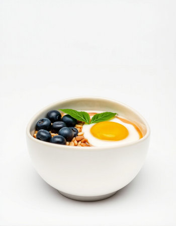 Healthy breakfast with oatmeal, blueberries and egg on white backgroundの写真素材