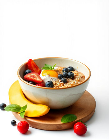 Oatmeal porridge with fresh berries and egg in bowl on white backgroundの写真素材