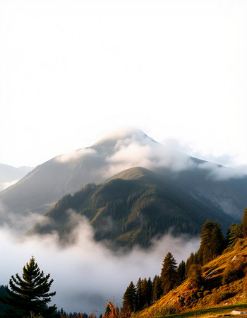 Beautiful mountains landscape in the morning fog. Carpathian, Ukraine, Europe.の写真素材