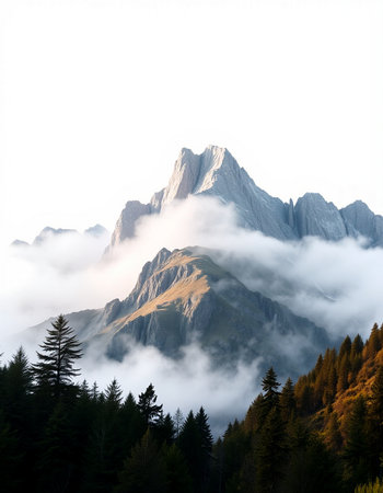 Mountain landscape with fog and clouds.の写真素材