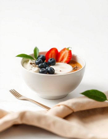 Bowl of yogurt with whipped cream, blueberries and strawberries on white backgroundの写真素材