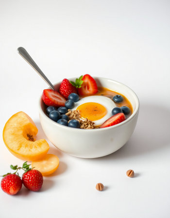 Healthy breakfast with oatmeal, fresh berries and egg on white backgroundの写真素材