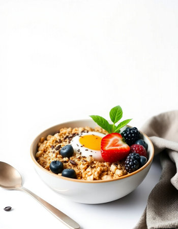 Healthy breakfast with oatmeal, berries and egg on a white backgroundの写真素材