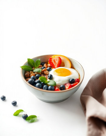 Healthy breakfast bowl with yogurt, berries and fried egg on white backgroundの写真素材