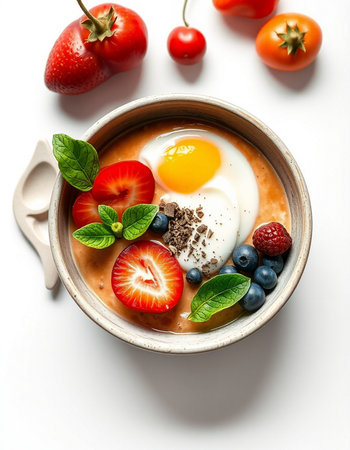Breakfast bowl with omelette, strawberries and blueberries on white backgroundの写真素材