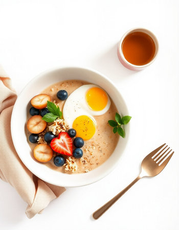 Oatmeal porridge with fresh berries, eggs and honey, healthy breakfastの写真素材