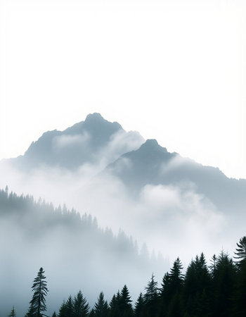 Foggy mountain landscape with coniferous trees in the foregroundの写真素材