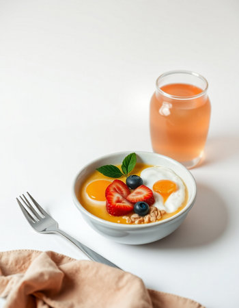 Healthy breakfast with oatmeal, berries and yogurt on white backgroundの写真素材