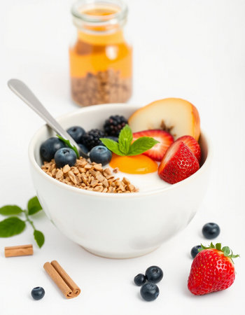 Healthy breakfast with oatmeal, berries and fruit on white backgroundの写真素材