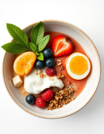 Healthy breakfast bowl with yogurt, berries and egg on white backgroundの写真素材