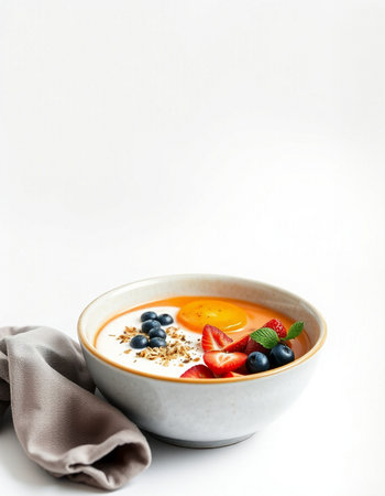 Breakfast bowl with oatmeal, berries and yogurt on white backgroundの写真素材