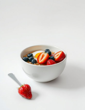 bowl of oatmeal with fresh strawberries and blueberries on white backgroundの写真素材